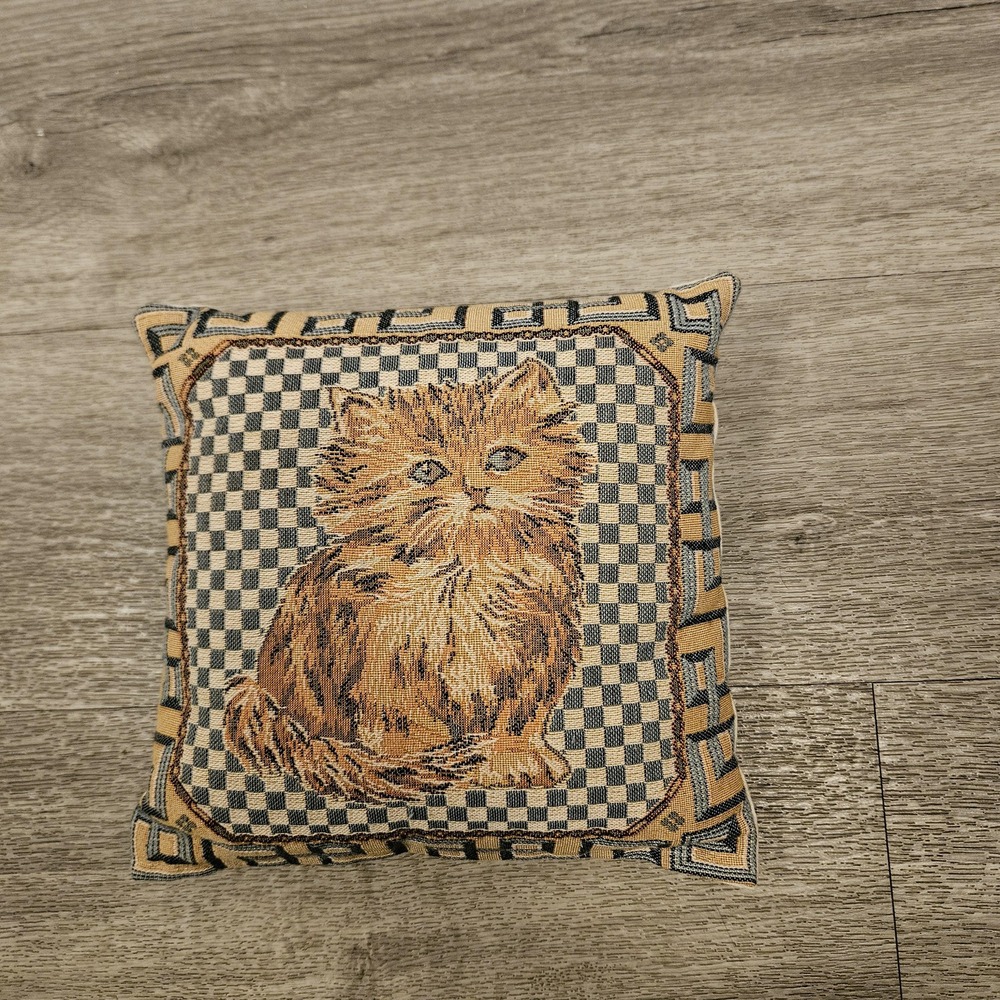vintage woven tapestry throw pillow orange tabby cat checkered geometric decor